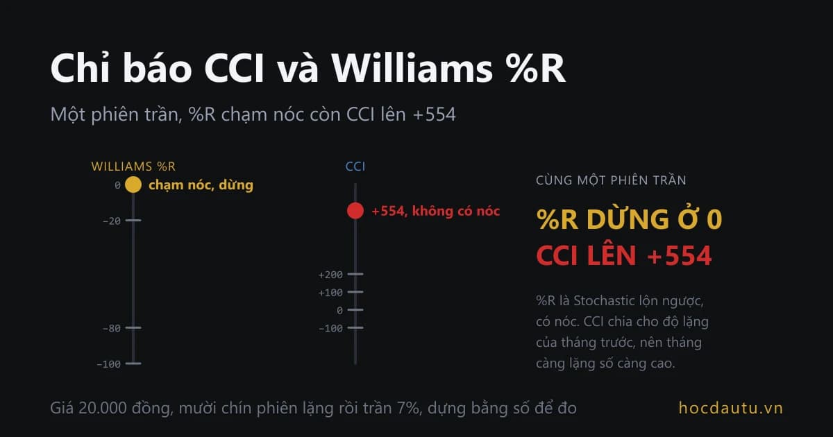 Hai ô cạnh nhau cho cùng một phiên tăng trần sau mười chín phiên lặng, ô trái Williams %R chạm nóc 0 rồi dừng, ô phải CCI vọt qua +100 và +200 lên +554