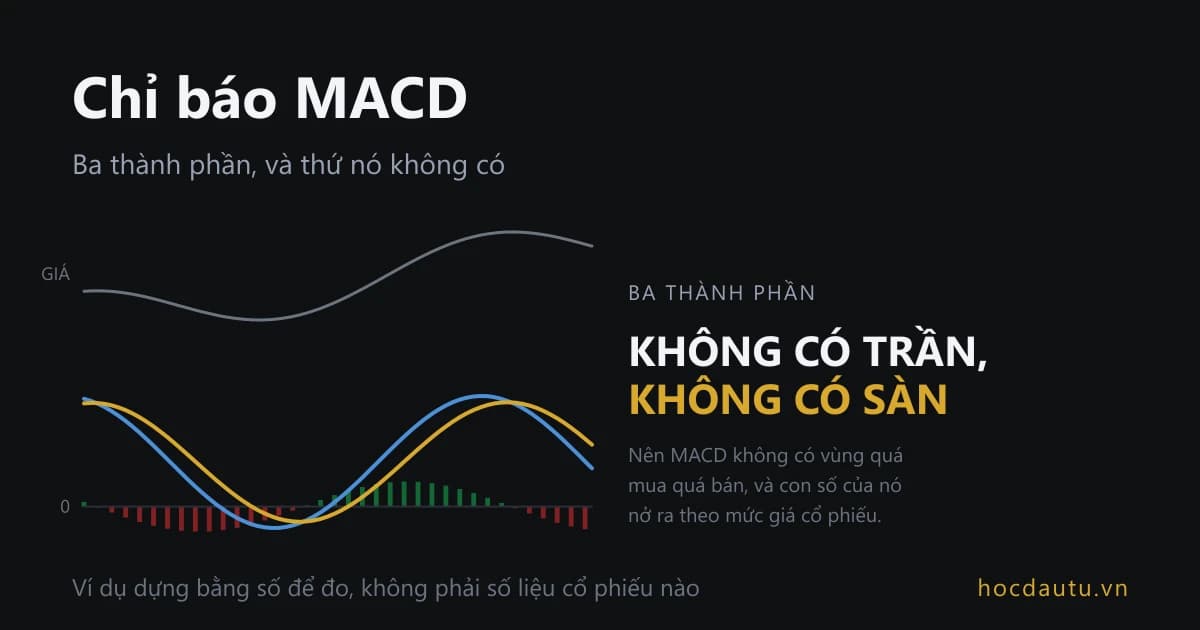 Đường giá ở trên, phía dưới là đường MACD, đường tín hiệu và các cột histogram đổi màu quanh mốc 0, không có vạch trần hay vạch sàn nào