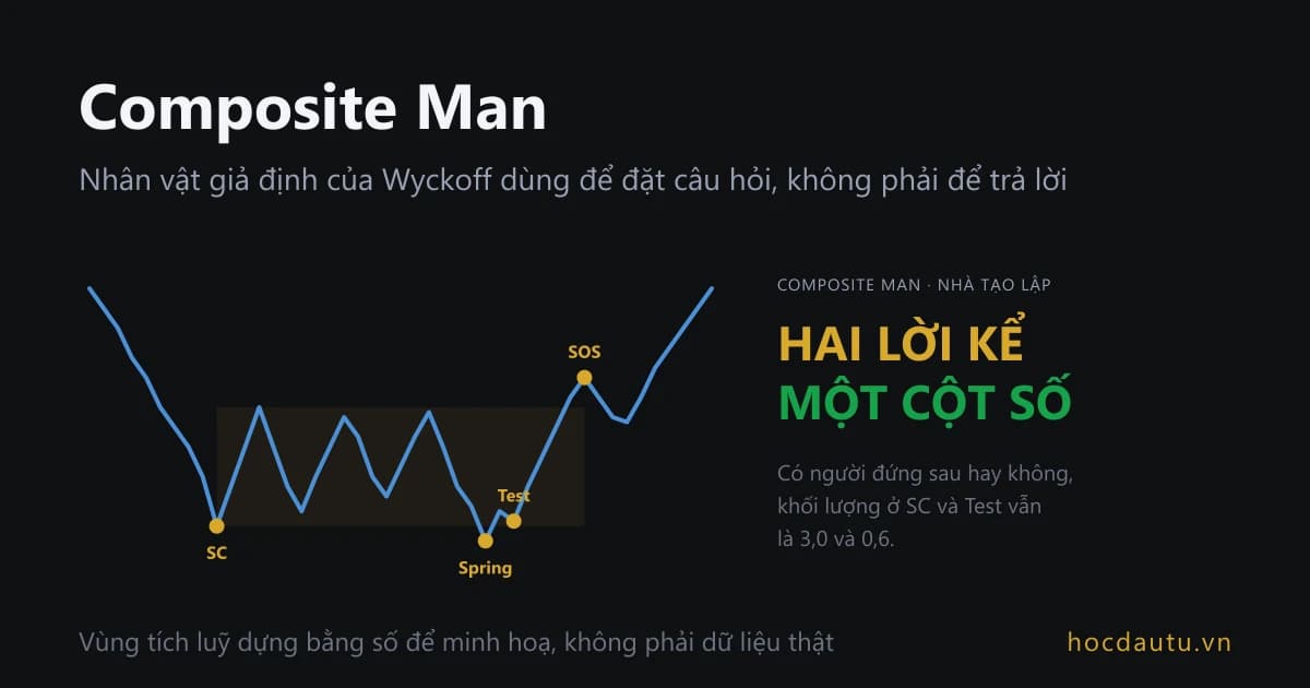 Đường giá xanh trên nền tối giảm vào một hộp đi ngang, bốn chấm vàng ghi SC, Spring, Test, SOS, rồi tăng ra khỏi hộp; chữ lớn bên phải ghi hai lời kể, một cột số