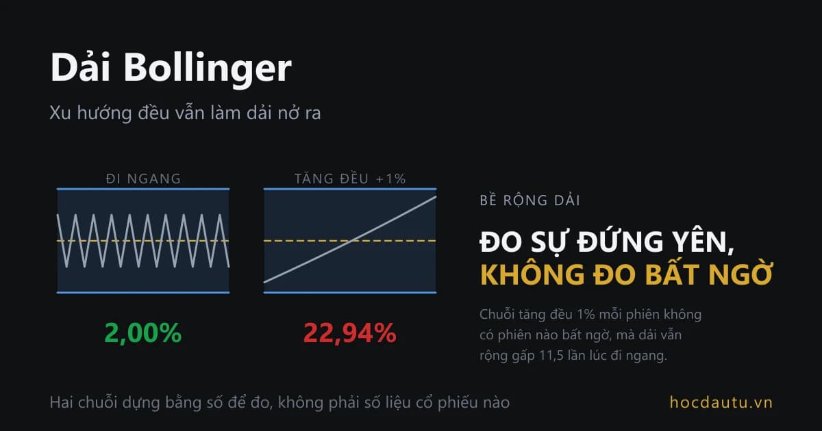 Hai ô cạnh nhau, ô trái là thị trường đi ngang có dải Bollinger hẹp bề rộng 2%, ô phải là chuỗi tăng đều 1% mỗi phiên có dải rộng 22,94%