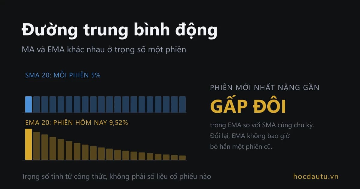 Hai hàng cột trọng số cạnh nhau, hàng SMA chia đều 5% cho hai mươi phiên, hàng EMA cho phiên hôm nay 9,52% rồi tụt dần