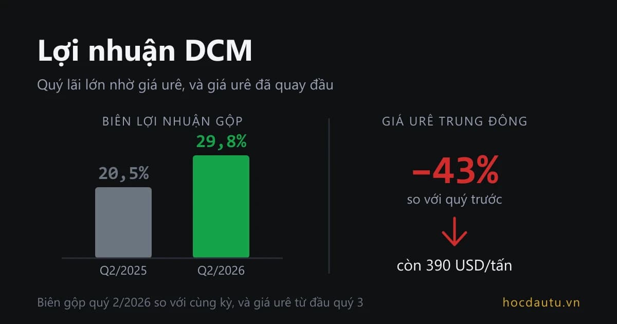 Hai cột biên lợi nhuận gộp, cột quý 2 năm 2026 cao hơn hẳn cột cùng kỳ, đặt cạnh một mũi tên đỏ chỉ xuống kèm mức giảm 43% của giá urê Trung Đông