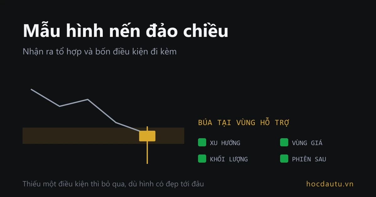 Cây nến búa nằm trên dải hỗ trợ sau một đợt giảm, kèm bốn ô điều kiện đã tích