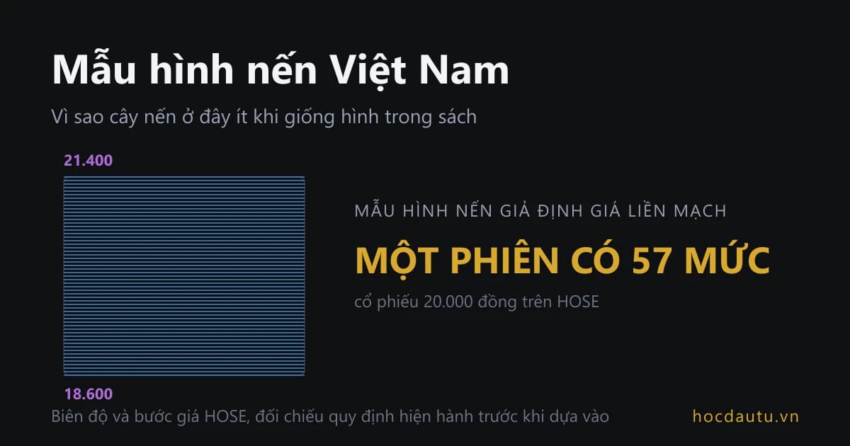 Một dải biên độ từ 18.600 tới 21.400 đồng vẽ đủ từng nấc giá thành 57 vạch ngang, bên cạnh là con số 57 mức giá của một phiên