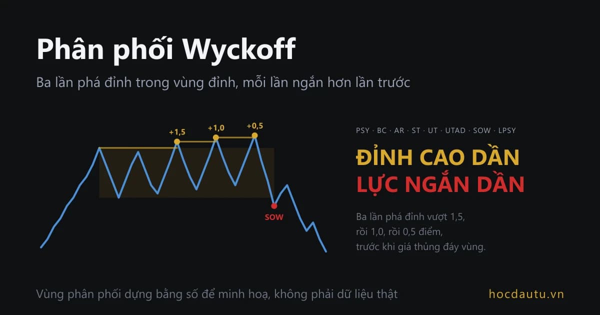 Đường giá xanh trên nền tối tăng vào một hộp vàng, ba chấm vàng ghi +1,5, +1,0, +0,5 ở ba đỉnh cao dần, rồi giá rơi qua đáy hộp ở chấm đỏ SOW; chữ lớn bên phải ghi đỉnh cao dần, lực ngắn dần