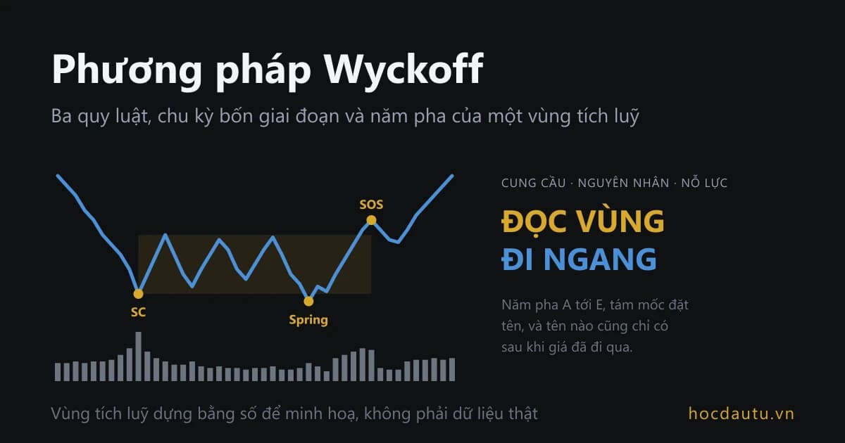Đường giá xanh trên nền tối giảm vào một hộp vàng, dao động bên trong, chọc xuống rồi bật lên; ba chấm vàng ghi SC, Spring, SOS, cột khối lượng xám bên dưới; chữ lớn bên phải ghi đọc vùng đi ngang