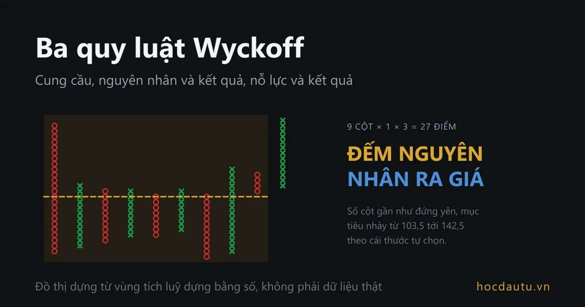 Đồ thị điểm và hình với cột X xanh và cột O đỏ trên nền tối, một dải vàng phủ chín cột và vạch vàng đứt ngang; chữ lớn bên phải ghi đếm nguyên nhân ra giá