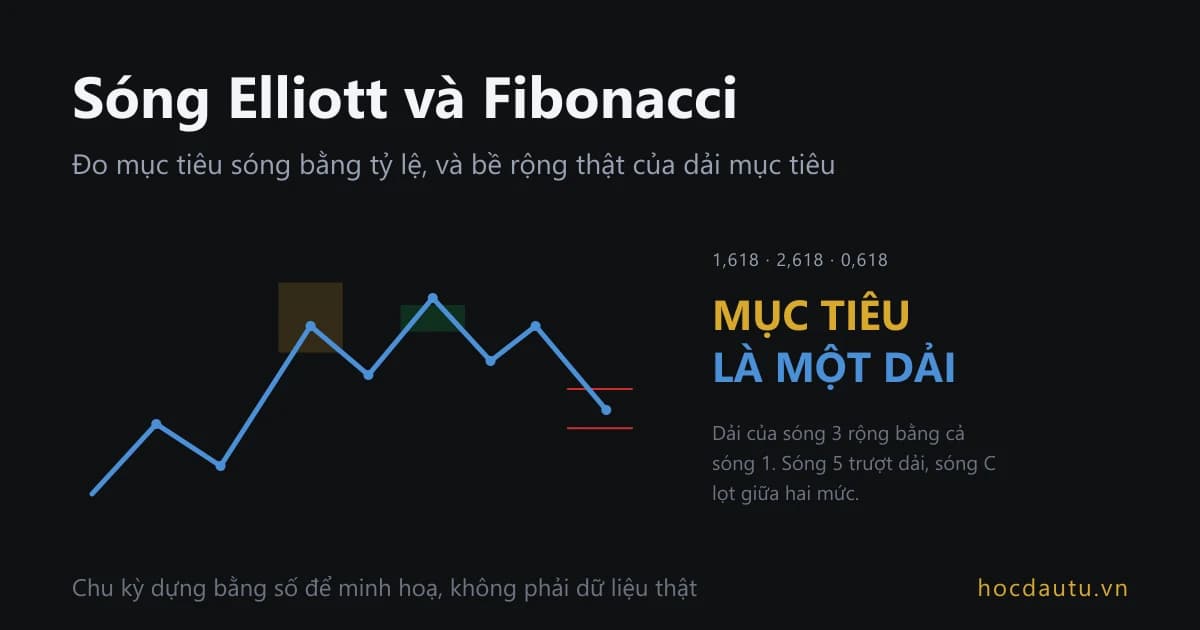 Đường giá xanh trên nền tối đi qua tám điểm, một ô vàng quanh đỉnh sóng 3, một ô xanh lá dưới đỉnh sóng 5 và hai vạch đỏ kẹp đáy sóng C; chữ lớn bên phải ghi mục tiêu là một dải