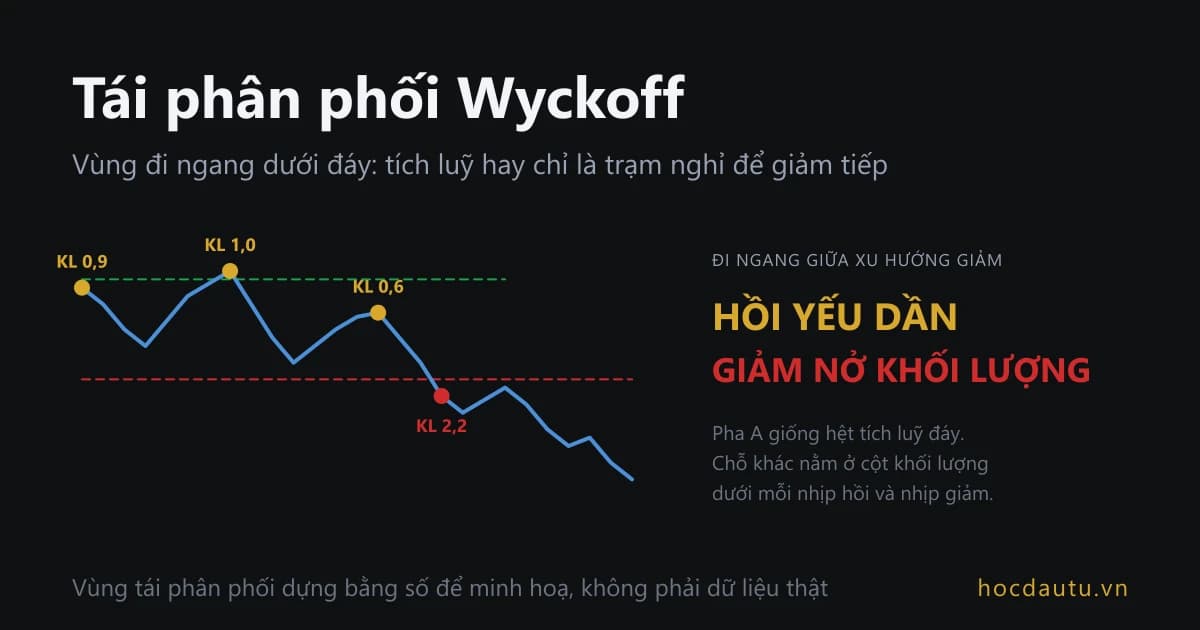 Đường giá xanh trên nền tối đi ngang giữa hai đường đứt rồi thủng đường dưới; ba chấm vàng ở ba đỉnh nhịp hồi ghi KL 0,9, KL 1,0, KL 0,6, chấm đỏ ở phiên thủng hỗ trợ ghi KL 2,2; chữ lớn bên phải ghi hồi yếu dần, giảm nở khối lượng