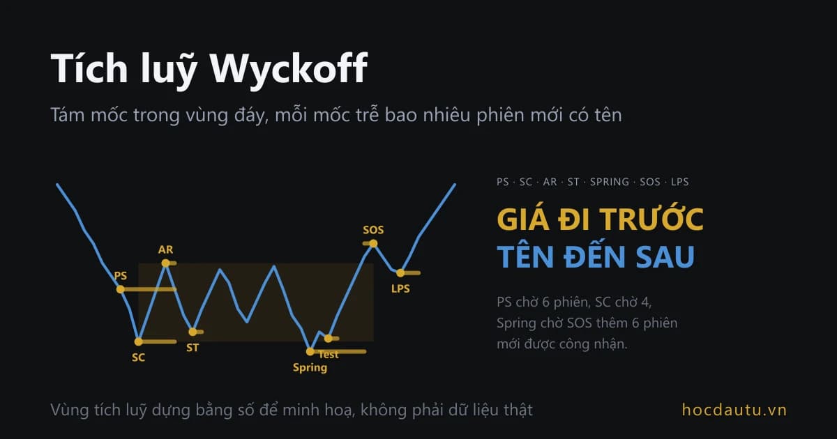 Đường giá xanh trên nền tối giảm vào một hộp vàng rồi bật lên, tám chấm vàng ghi PS, SC, AR, ST, Spring, Test, SOS, LPS, mỗi chấm kéo một vệt vàng ngang sang phải; chữ lớn bên phải ghi giá đi trước, tên đến sau