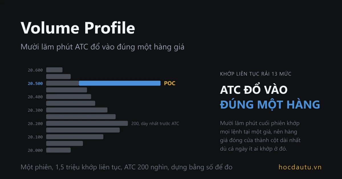 Biểu đồ Volume Profile nằm ngang bên trái một phiên giao dịch, phần khớp liên tục rải qua mười ba mức giá còn phần ATC dồn thành một khúc đậm ở đúng mức giá đóng cửa, đẩy hàng đó thành cột dài nhất