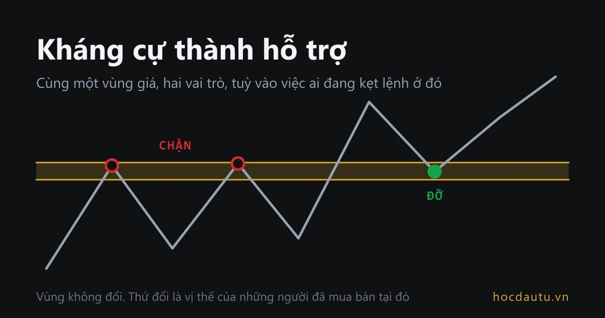 Một vùng giá bị vượt qua rồi đỡ giá ở nhịp quay lại, kèm ba nhóm lệnh tạo ra lực đỡ đó