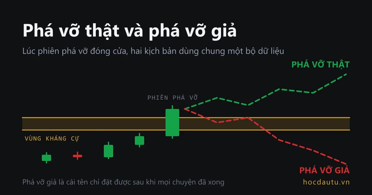 Một cây nến vượt lên khỏi vùng kháng cự rồi tách thành hai nhánh tương lai, một nhánh đi tiếp và một nhánh quay lại dưới vùng
