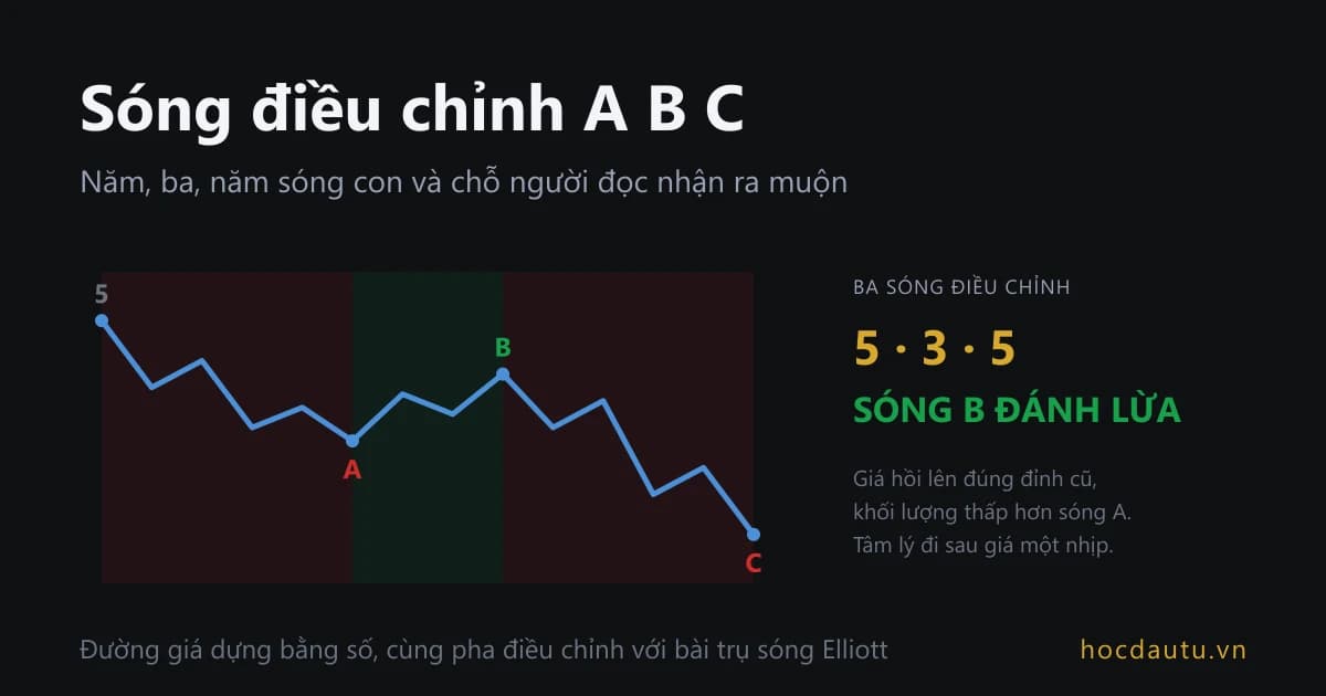 Đường giá trên nền tối đi xuống từ điểm 5 qua ba đoạn tô đỏ, xanh, đỏ ghi A, B, C; chữ lớn bên phải ghi 5, 3, 5 và sóng B đánh lừa