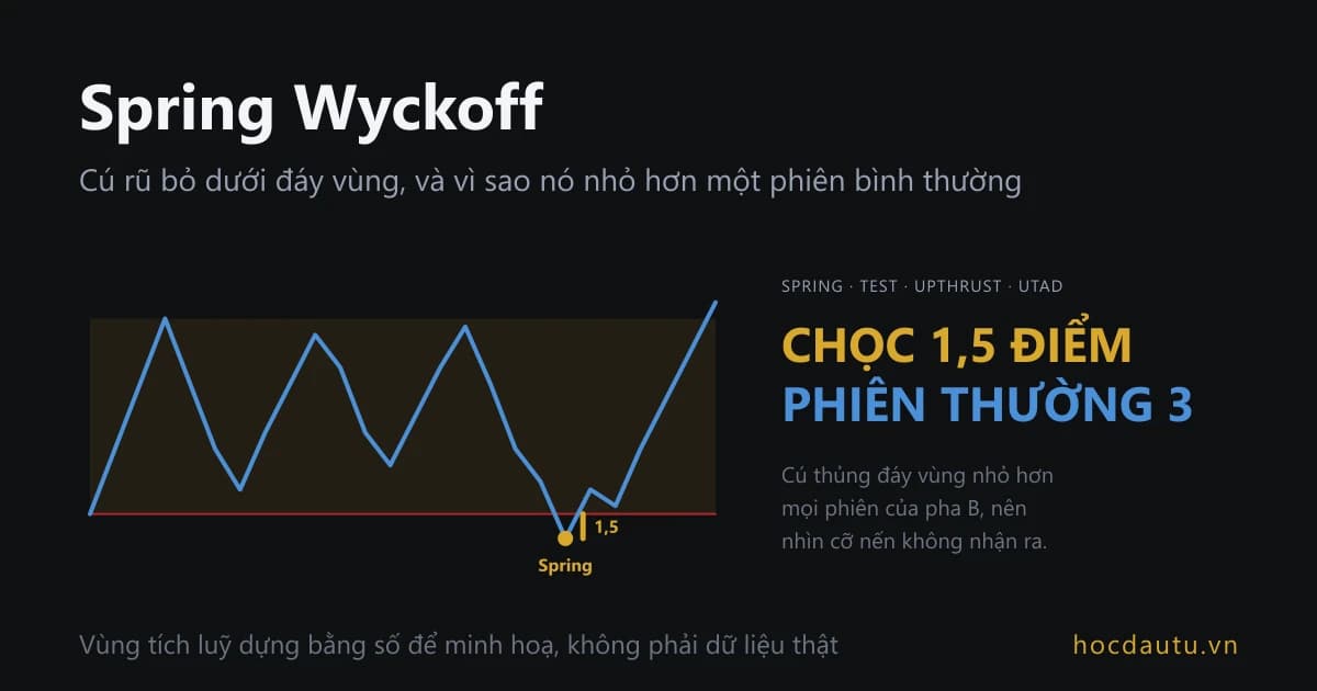 Đường giá xanh trên nền tối đi ngang trong một hộp vàng, chọc xuống dưới đường đỏ đáy hộp ở chấm vàng ghi Spring với vạch 1,5, rồi bật lên; chữ lớn bên phải ghi chọc 1,5 điểm, phiên thường 3
