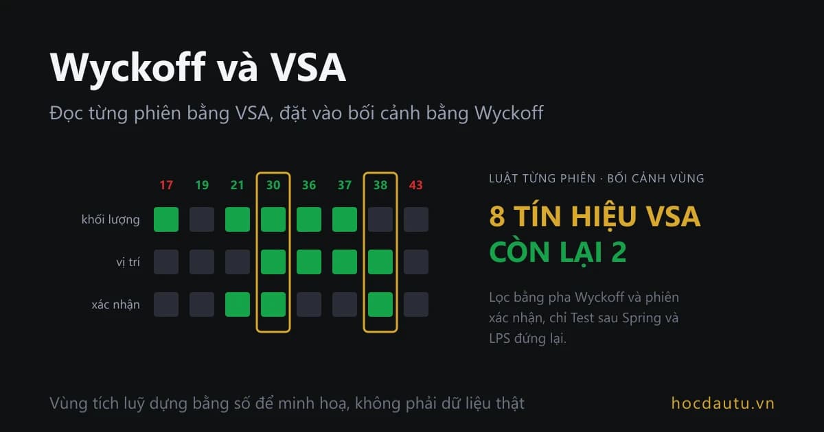 Lưới tám cột ô vuông trên nền tối cho phiên 17 tới 43, ba hàng ghi khối lượng, vị trí, xác nhận; cột 30 và 38 viền vàng; chữ lớn bên phải ghi 8 tín hiệu VSA, còn lại 2